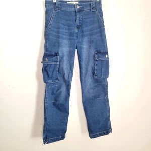 LoveGen Jeans Womens Size 27 Mid Blue Munich Cargo Joggers Cinch Ankle Tab Y2K